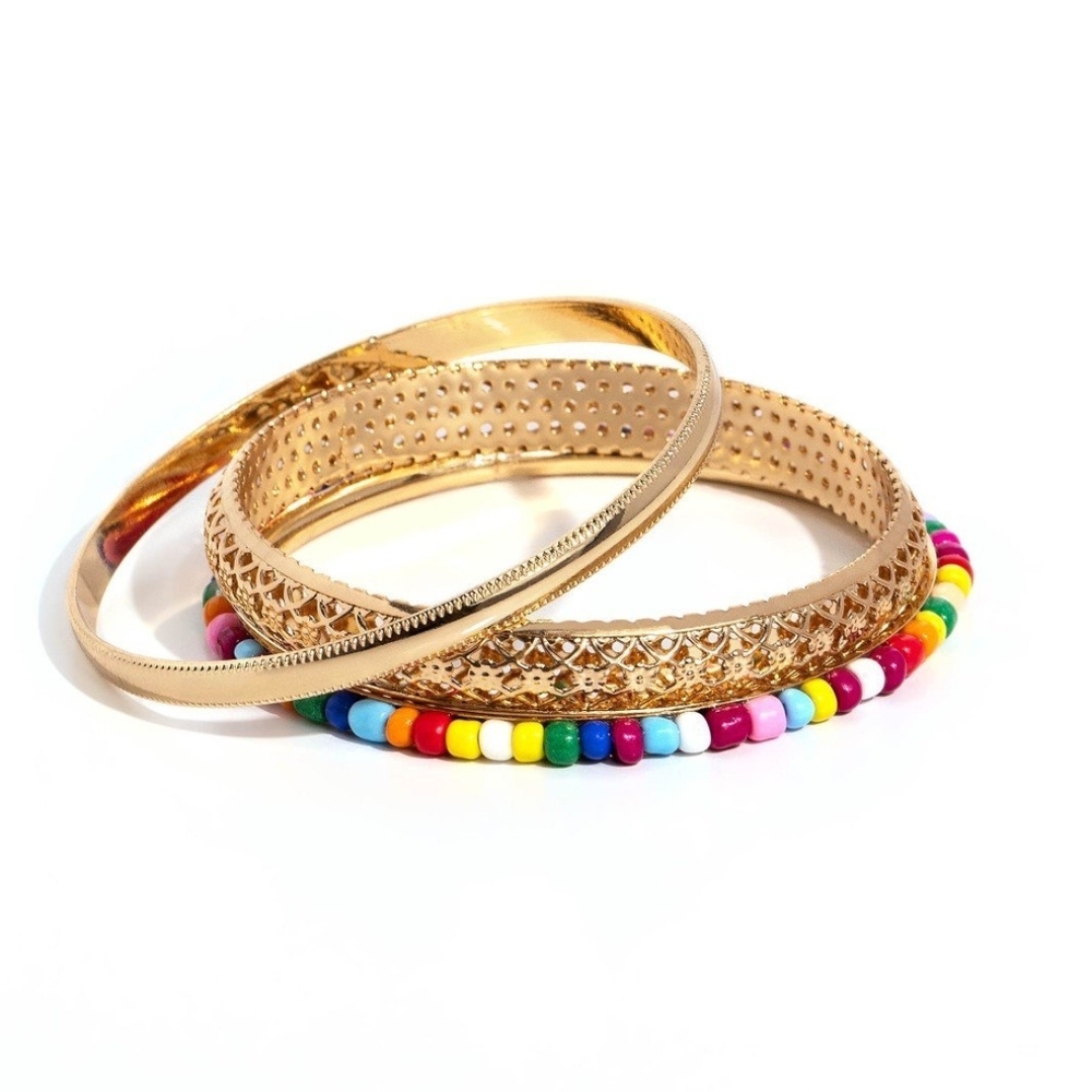 Elegant Gold and Multicolor Beaded Bangle Set Multicolored Medley Gold Bracelet